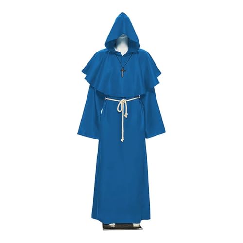 KJBDQQH Hexenkostüm Medieval Monk Church Clergy Costume Men's Hooded Cowl Gown Robe Cape(Blue,L_MEDIEVAL MONK) von KJBDQQH