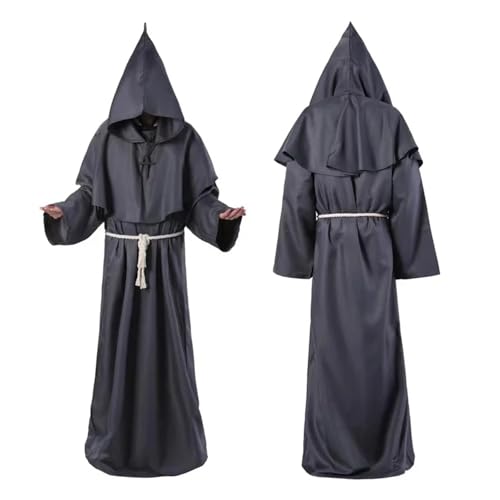 KJBDQQH Hexenkostüm Medieval Monk Church Clergy Costume Men's Hooded Cowl Gown Robe Cape(Grey,M_MEDIEVAL MONK) von KJBDQQH