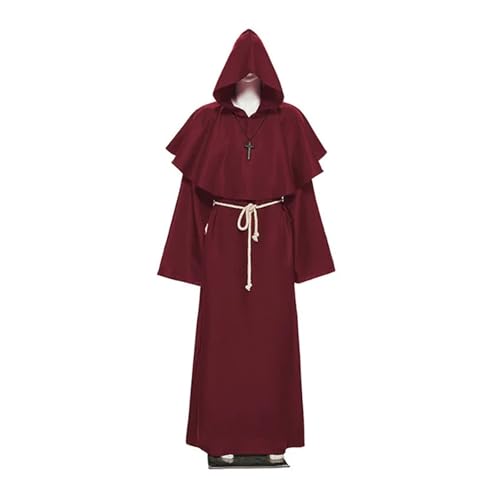 KJBDQQH Hexenkostüm Medieval Monk Church Clergy Costume Men's Hooded Cowl Gown Robe Cape(Red,XXL_MEDIEVAL MONK) von KJBDQQH