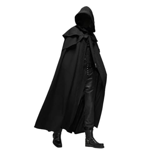 KJBDQQH Hexenkostüm Medieval Vintage Hooded Loose Black Cloak Coats Windproof Trench Winter Long Cape(Black,M) von KJBDQQH