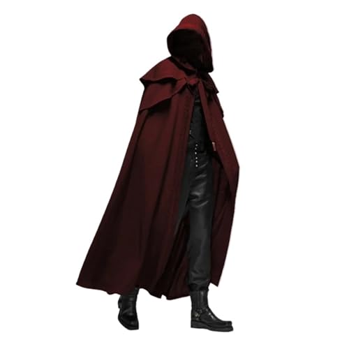 KJBDQQH Hexenkostüm Medieval Vintage Hooded Loose Black Cloak Coats Windproof Trench Winter Long Cape(Red,L) von KJBDQQH