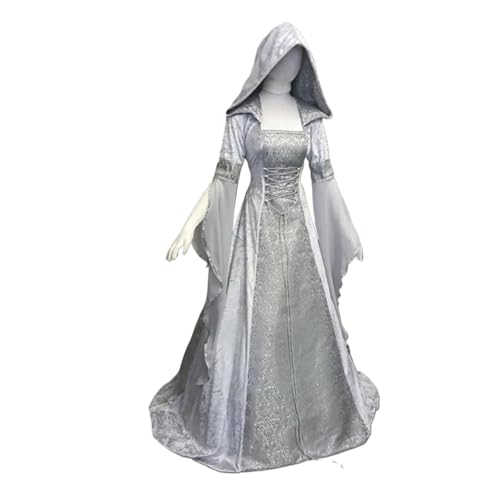 KJBDQQH Hexenkostüm Women Witch Dress Medieval Renaissance Maxi Train Halloween Devil Pagan Costume(Silver,L) von KJBDQQH