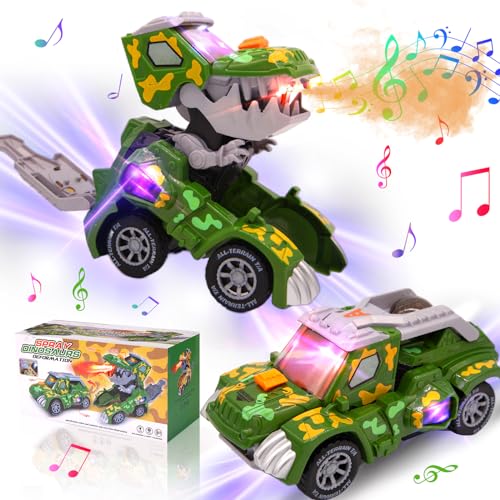 Automatisches Nebelspray Dinosaurier-Transformer-Auto mit Musik und LED-Licht,Dino Transforming Cars für Jungen,deformiertes Dinosaurier-Auto-Spielzeug für Kinder 3-5,Geburtstag für Kinder (Grün) von KJIXYUNG