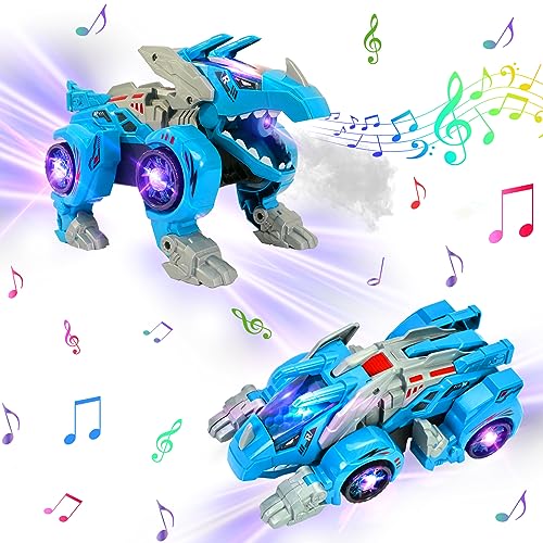 Dinosaurier-Transformatorauto, automatisches Nebelspray, Dinosaurier-Transformatorauto mit Musik und LED-Licht, Dino-Transformationsautos für Jungen, deformiertes Dinosaurier-Autospielzeug für Kinder von KJIXYUNG