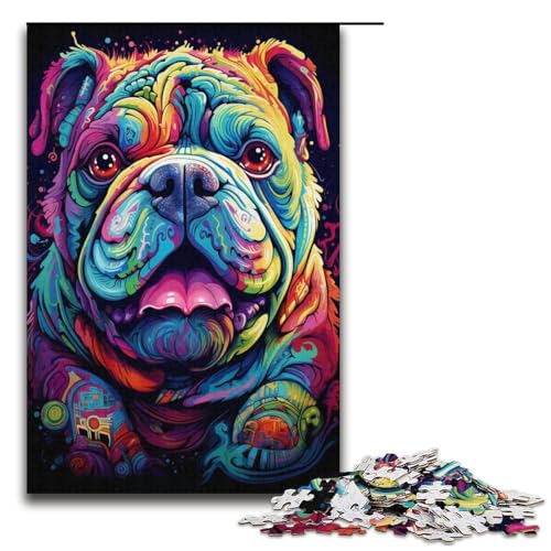 1000 Teile für Erwachsene, Trippy Colorful Bulldog Puzzles für Karton, Puzzles, Lernspiel, Herausforderungsspielzeug, Größe 38 x 26 cm von KJYMNC