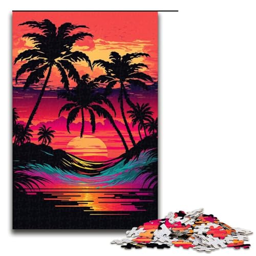 1000-teiliges Puzzle, Neon-Strand-Sonnenuntergang, Puzzle für Erwachsene und Kinder, Holzpuzzle, Lernspiel, Herausforderungsspielzeug, Größe 50 x 75 cm von KJYMNC