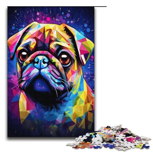 1000-teiliges Puzzle, bunter Mops, Puzzle für Erwachsene, Karton, anspruchsvolles Spiel, Größe 38 x 26 cm von KJYMNC