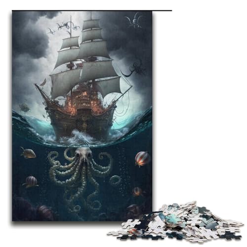 1000-teiliges Puzzle, buntes Piratenschiff-Puzzle, Kartonpuzzle, tolles Geschenk für Erwachsene, Größe 38 x 26 cm von KJYMNC