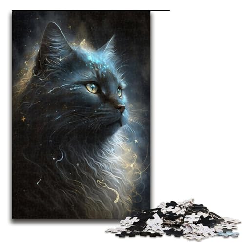 1000-teiliges Puzzle „Black Fantasy Cat“, Puzzle für Erwachsene, Holzpuzzle, anspruchsvolles Spiel, Größe 50 x 75 cm von KJYMNC