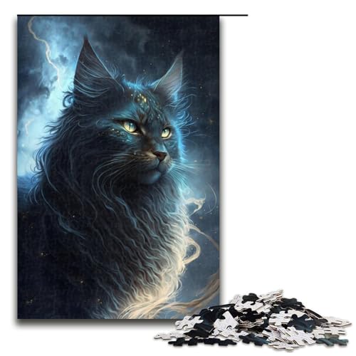 1000-teiliges Puzzle „Black Fantasy Cat“, Puzzle für Erwachsene, Holzpuzzle, anspruchsvolles Spiel, Größe 50 x 75 cm von KJYMNC