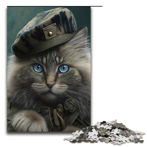 1000-teiliges Puzzle „Katze mit Armee-Baskenmütze“ für Erwachsene und Kinder, Papppuzzle, Lernspiel, Herausforderungsspielzeug, Größe 38 x 26 cm von KJYMNC