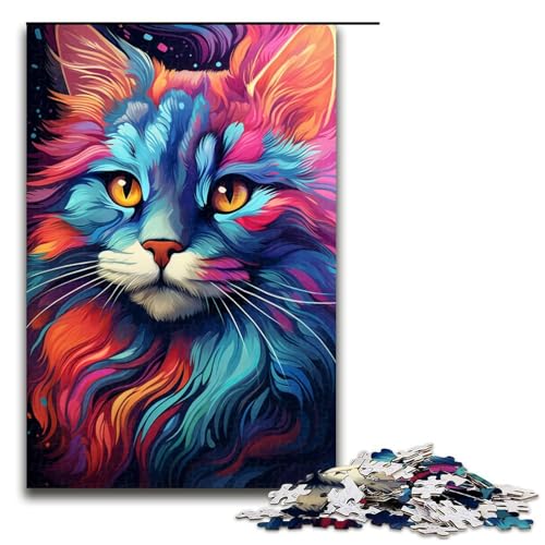 1000-teiliges Puzzle für Erwachsene, farbenfrohe psychedelische Katzen-Puzzles aus Holz, Lernspiel, Herausforderungsspielzeug, Größe 50 x 75 cm von KJYMNC