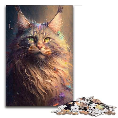 1000-teiliges Zeichenpuzzle mit Maine-Coon-Katze für Erwachsene, Kartonpuzzle, Lernspiel für Erwachsene, Größe 38 x 26 cm von KJYMNC