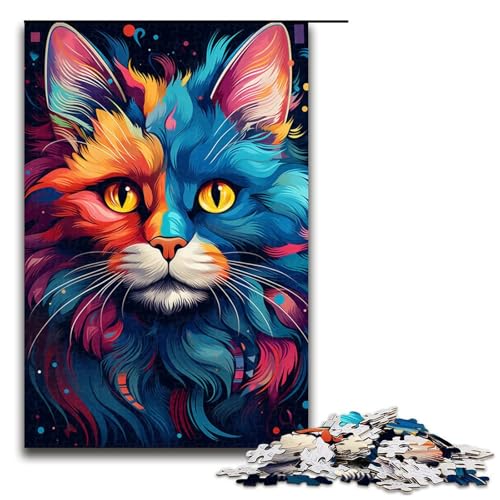 Buntes psychedelisches Katzenpuzzle, 1000 Teile, Puzzle für Erwachsene, praktisches Spiel, Kunstwerk, Geschenk für Teenager ab 14 Jahren, Größe 50 x 75 cm von KJYMNC