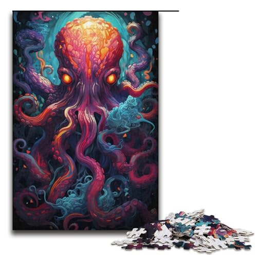 Farbenfrohes psychedelisches Kunstgemälde eines Oktopus-Puzzles mit 1000 Teilen für Erwachsene. Praktisches Spiel, Kunstwerk, Geschenk für Teenager ab 14 Jahren, Größe 38 x 26 cm von KJYMNC