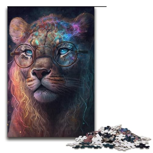 Löwin mit Brille Puzzle 1000 Teile Puzzle für Erwachsene Mitmachspiel Kunstwerk Geschenk für Teenager ab 14 Jahren Größe 38x26 cm von KJYMNC