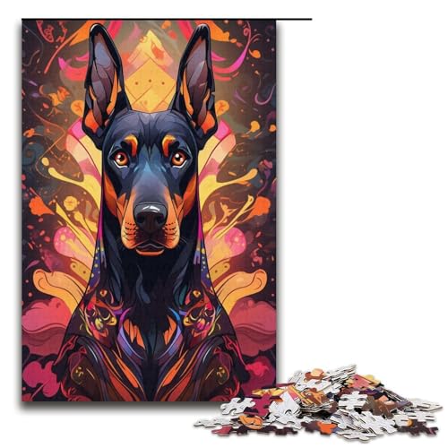 Puzzle 1000 Teile für Erwachsene, Farbiger Dobermann, Lernpuzzle, Familienspiel, einzigartiges Herausforderungsspiel, Größe 38 x 26 cm von KJYMNC