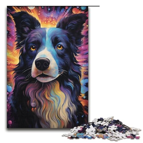 Puzzle für Erwachsene mit 1000 Teilen, farbenfrohes psychedelisches Border-Collie-Puzzle für Erwachsene, Papppuzzle, tolles, Größe 38 x 26 cm von KJYMNC