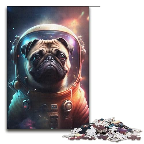 Puzzle mit 1000 Teilen, Astronauten-Mops, für Erwachsene, Kartonpuzzle, Lernspiel für Erwachsene, Größe 38 x 26 cm von KJYMNC