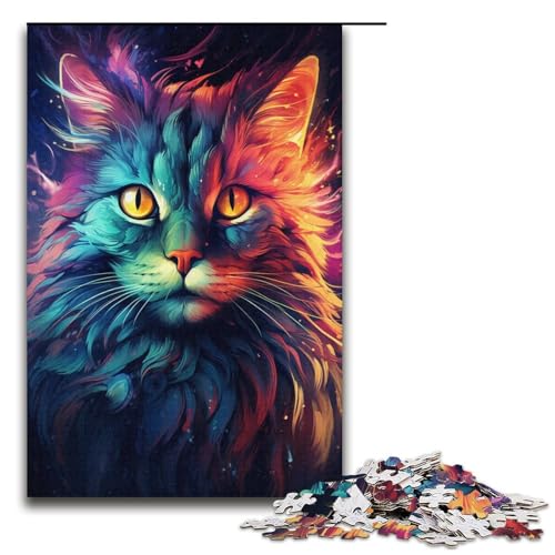 Puzzle mit 1000 Teilen, farbenfrohes psychedelisches Katzen-Puzzle für Erwachsene, Kartonpuzzle, Lernspiel für Erwachsene, Größe 38 x 26 cm von KJYMNC