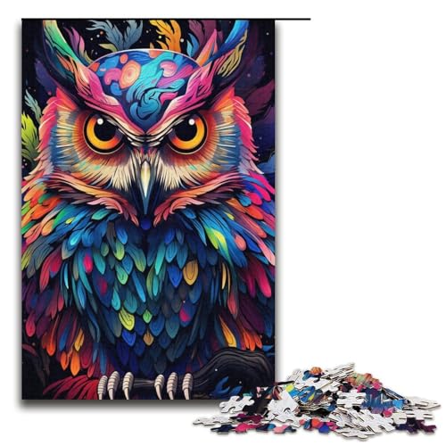Puzzle mit 1000 Teilen, psychedelische Bunte Eule, Puzzle für Erwachsene, Kartonpuzzle, Lernspiel für Erwachsene, Größe 38 x 26 cm von KJYMNC
