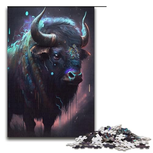 Puzzle mit 1000 Teilen für Erwachsene, Büffel-Malkunstwerk, anspruchsvolles Spiel mit passendem Poster und Quizblatt, Größe 38 x 26 cm von KJYMNC