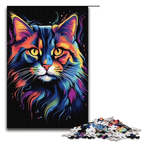 Puzzle mit 1000 Teilen für Erwachsene, Katzen-Farbkunstwerk, anspruchsvolles Spiel mit passendem Poster und Quizblatt, Größe 38 x 26 cm von KJYMNC