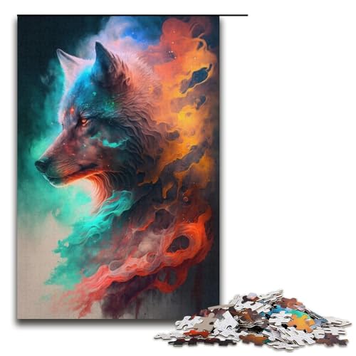 Puzzle mit 1000 Teilen für Erwachsene, Nebula Wolf Artwork, anspruchsvolles Spiel mit passendem Poster und Quizblatt, Größe 38 x 26 cm von KJYMNC