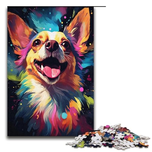 Puzzle mit 1000 Teilen für Erwachsene, farbenfrohe Zeichnung eines Chihuahua-Hundes, Papppuzzle für Erwachsene, Familienspaß, Größe 38 x 26 cm von KJYMNC