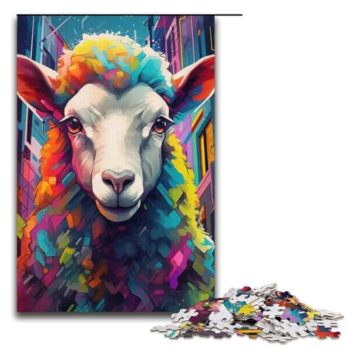 Puzzle mit 1000 Teilen für Erwachsene, farbenfrohes Schaf-Kunstwerk, anspruchsvolles Spiel mit passendem Poster und Quizblatt, Größe 38 x 26 cm von KJYMNC