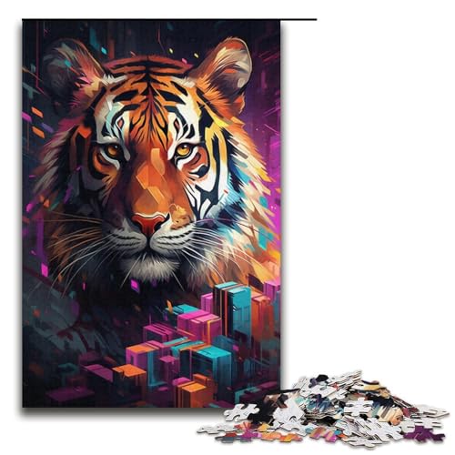 Puzzle mit 1000 Teilen für Erwachsene, farbenfrohes Tiger-Kunstwerk, anspruchsvolles Spiel mit passendem Poster und Quizblatt, Größe 38 x 26 cm von KJYMNC