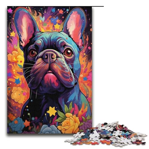 Puzzle mit 1000 Teilen für Erwachsene, farbenfrohes psychedelisches französisches Bulldoggen-Puzzle, Papppuzzle für Erwachsene, Familienspaß, Größe 38 x 26 cm von KJYMNC