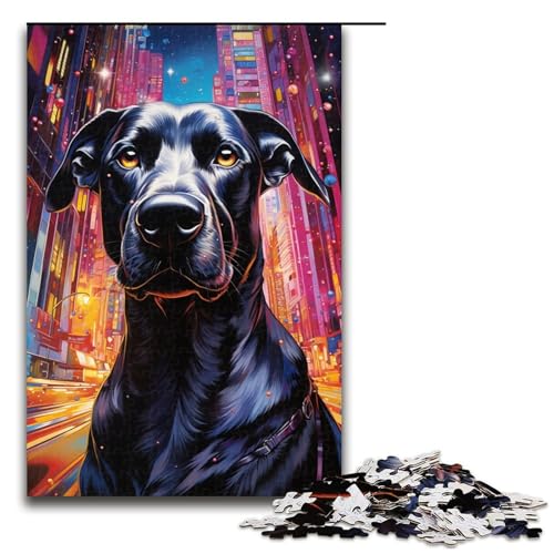 Puzzle mit 1000 Teilen für Erwachsene, farbenfrohes psychedelisches schwarzes Hundekunst-Puzzle, lustige Familienspiele, ganze Familie, Größe 50 x 75 cm von KJYMNC