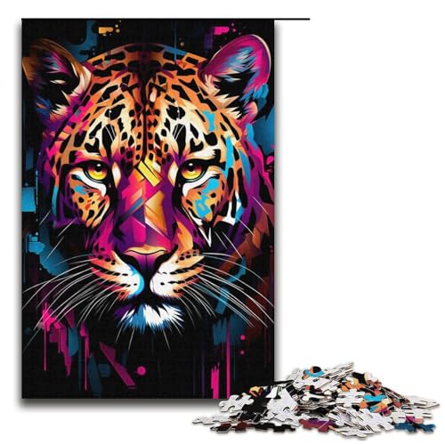 Puzzle mit 1000 Teilen für Erwachsene. Buntes Leoparden-Kunstwerk. Anspruchsvolles Spiel mit passendem Poster und Quizblatt, Größe 38 x 26 cm von KJYMNC
