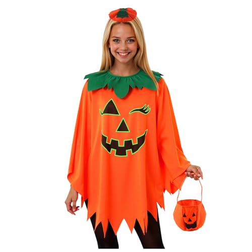 KJameas Kürbis Kostüm Damen, Halloween Kostüm Kürbis Mit Poncho Stirnband Pumpkin Candy Bag für Karneval Cosplay von KJameas
