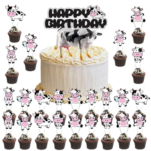 KJoet 14 Stück Kuh Cake Toppers Happy Birthday Tortendeko Kuh Thema Babyparty Cake Toppers Cake Decoration Geburtstagskuchen Dekoration für Jungen und Mädchen von KJoet