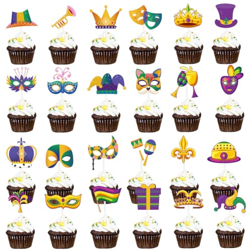 KJoet 24 Stück Cupcake Topper Geburtstag,Kuchen Dekoration für die Party,Cupcake Deko Set,Maske,Hut,Geschenk,Krone,für Mexikanische Partys,Karneval,Maskeradepartys,Geburtstagsfeiern von KJoet