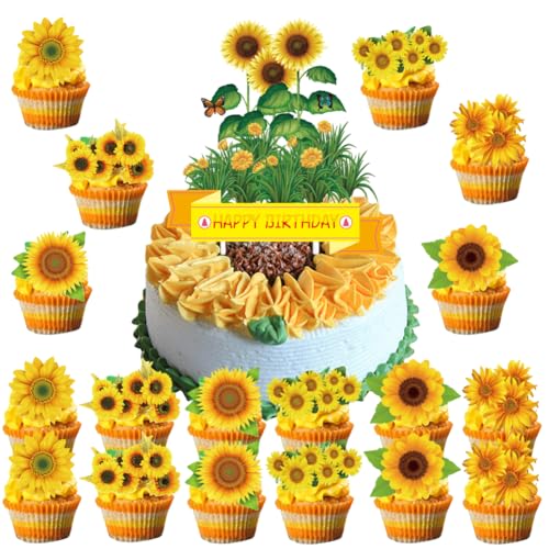 KJoet Sonnenblume Cake Topper, Sonnenblume Kuchendekorationen, Sonnenblume Cupcake Topper, für Geburtstagskuchen, Kinder Mädchen Geburtstagsdeko, 25pcs von KJoet