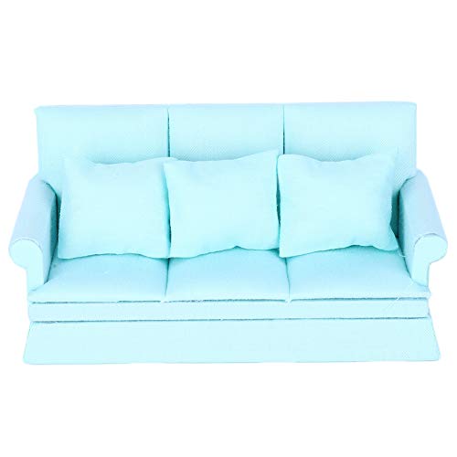 1:12 Puppenhaus Mini Sofa mit 3 Stück Kissen Wohnzimmermöbel Holz Puppenhaus Dekoration Zubehör (Blau) von KKPLZZ