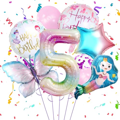 5 Geburtstagsdeko Kinder, Schmetterling Luftballon, Meerjungfrauen Ballon, Stern Folienballon, Mädchen Geburtstag Deko, Bunt Kindergeburtstag Partyset von KKSJK