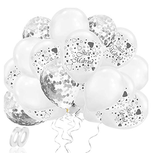 50 Stück Luftballons Silber Weiß, 12 Zoll Konfetti Helium Balloons, Hochzeit Luftballons Just Married, Latex Ballons Set mit Silber Band für Verlobung Heiratsantrag Party Dekoration von KKSJK