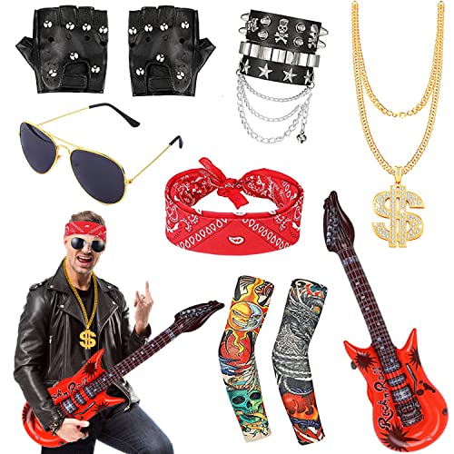 80er 90er Gothic Rocker Kit Herren, Punk Kostüm Accessories - Sonnenbrille | Goldketten | Stirnband | Tattoo Armel | Punk-Handschuhe | Aufblasbare Gitarre | PU Leder Armband für Hip Hop von KKSJK