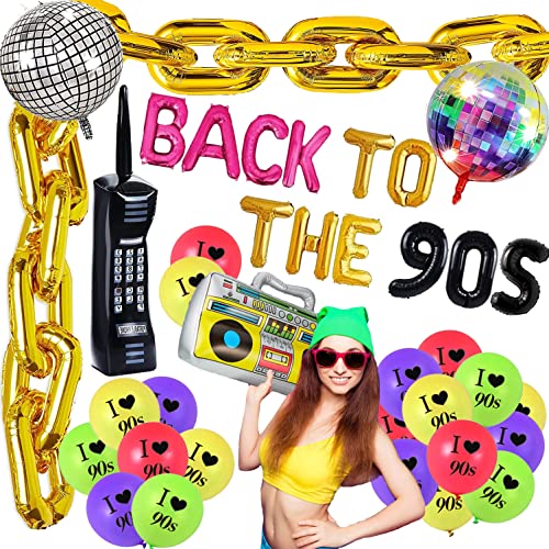90er Jahre Party Dekorationen - 'BACK TO THE 90S' Banner / 16 Ballon / 2 Disco Ball Ballons / 1 Aufblasbare Radio / 1 Aufblasbare Handy Requisiten / 1 Goldene Ballonkette für Hip Hop 90er Themenparty von KKSJK
