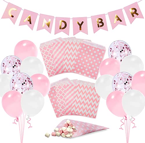 Candy Bar Zubehör, Candy Bar Party Dekorationen - "CANDY BAR" Girlande, 100 Stück Papiertüten und Luftballons, für Hochzeit Süßigkeiten Party Geburtstag Decor von KKSJK