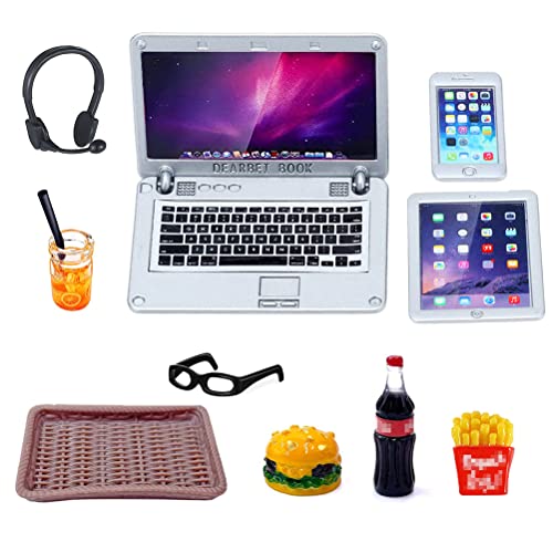 KKSJK 10 Stück Puppenhaus Lernen Zubehör, Miniatur Wichtel Zubehör, Simulation Metall Laptop Handy und Tablet, Mini Brille Hamburger Cola Pommes Getränke Tablett KKSJK 10 Stück Puppenhaus Lernen Zubehör, Miniatur Wichtel Zubehör, Simulation Metall Laptop Handy und Tablet, Mini Brille Hamburger Cola Pommes Getränke Tablett von KKSJK