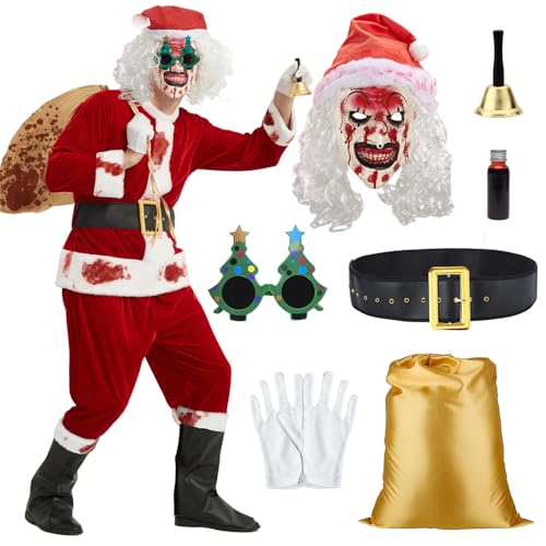 KKSJK 11-Teiliges Terrifier Kostüm, Art the Clown Costume, Killer Clown als Weihnachtsmänner Verkleidet mit Nikolauskostüm Maske Perücke, Movie Terrifier 3 Kostüm für Erwachsene Halloween Cosplay (M) von KKSJK
