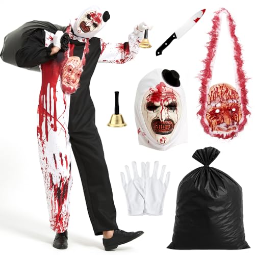 KKSJK 7 Stück Terrifier Kostüm, Art the Clown Costume, Outfits der Killer Clown Overall mit Maske und Weihnachtsmann Gesicht, Movie Terrifier 3 Kostüm für Erwachsene Halloween Karneval Cosplay (XXL) von KKSJK