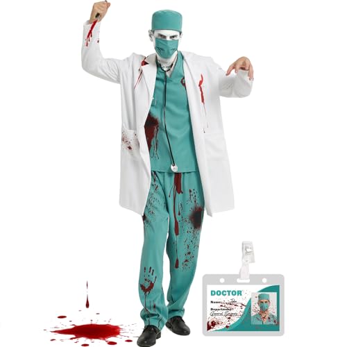 KKSJK Horror Arzt Kostüm, 8 Stück Zombie Chirurg Kostüm Herren mit Arztkittel, Doktorhut, Arztmaske, Oberteil, Hose, Arztausweis und Stethoskop, Zombie Doktor Cosplay für Halloween Karneval (Grün, XL) KKSJK Horror Arzt Kostüm, 8 Stück Zombie Chirurg Kostüm Herren mit Arztkittel, Doktorhut, Arztmaske, Oberteil, Hose, Arztausweis und Stethoskop, Zombie Doktor Cosplay für Halloween Karneval (Grün, XL) von KKSJK
