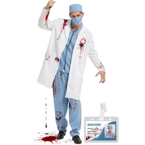 KKSJK Horror Arzt Kostüm, 8 Stück Zombie Chirurg Kostüm Herren mit Arztkittel, Doktorhut, Arztmaske, Oberteil, Hose, Arztausweis und Stethoskop, Zombie Doktor Cosplay für Halloween Karneval (Blau, M) von KKSJK
