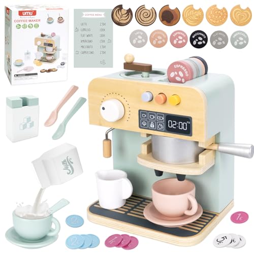 KKSJK Kaffeemaschine Kinder Holz, 35 Teile Kinderküche Kaffeeservice Spielset mit Kaffeemühle, Menü und Spielgeld, Kinder Spielküche Rollenspiel, Pädagogisches Geschenk für Jungen Mädchen ab 3 Jahre von KKSJK